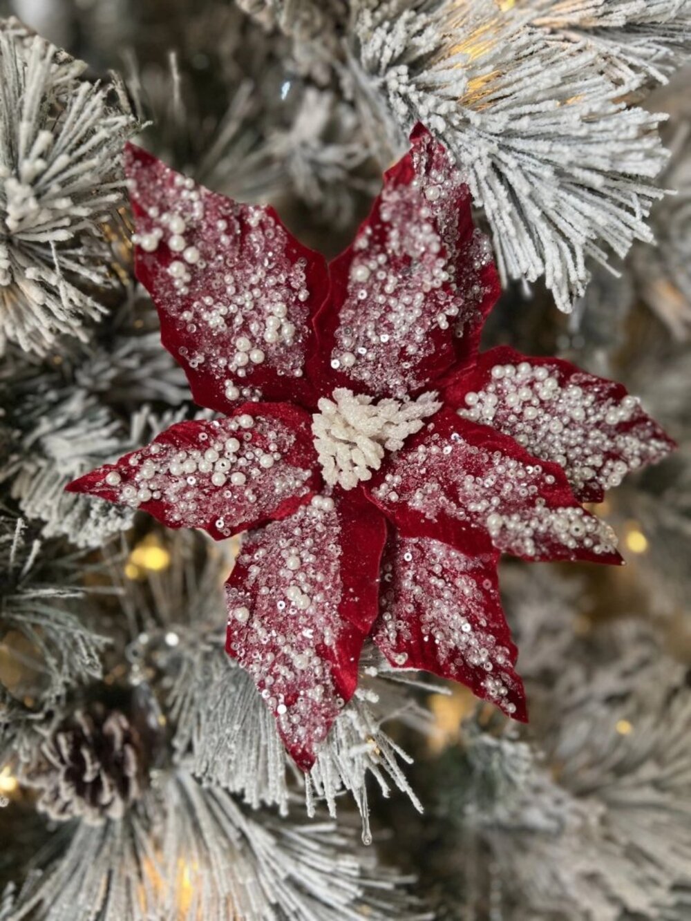 Red Poinsettia with Pearls Pick Stem Christmas Tree Trimming Craft Supplies